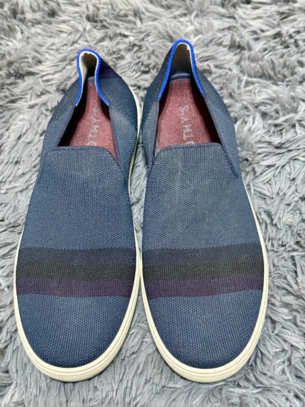 Rothy's RS01 Slip On Sneakers‎ Mens 11.5 Navy Blue Striped Knit Washable